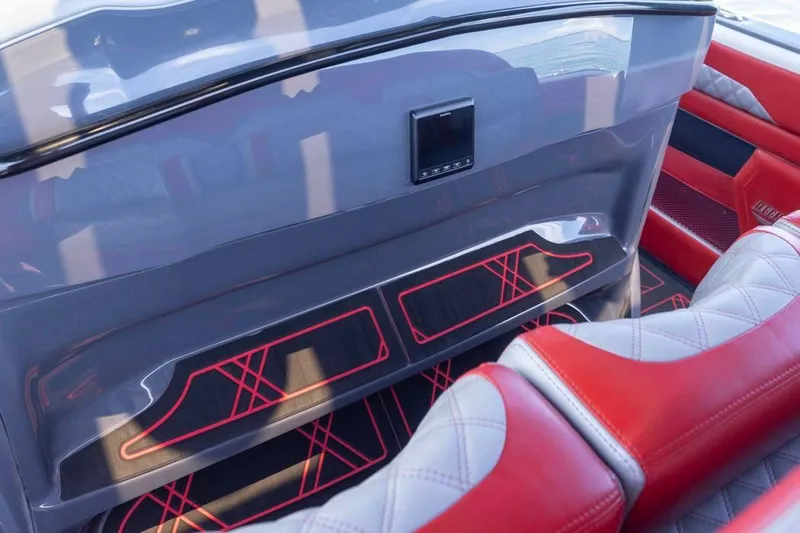  Yacht Photos Pics Interior of 2022 Deep Impact 399 Sport boat with red and gray seating.