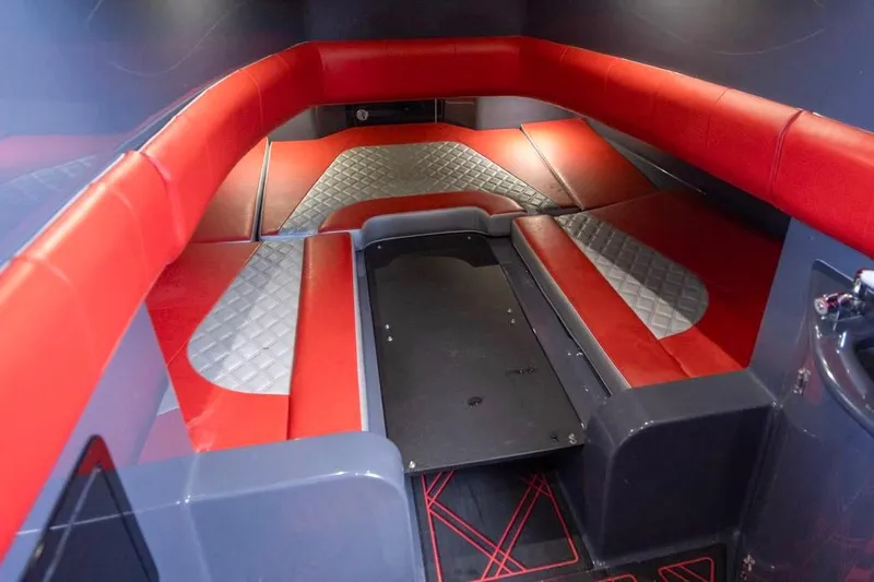  Yacht Photos Pics Interior of 2022 Deep Impact 399 Sport boat with red and gray seating.