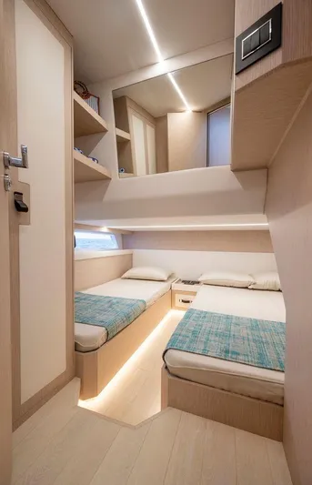  Yacht Photos Pics 2025 Apreamare Gozzo 45 cabin interior with twin beds and modern design.