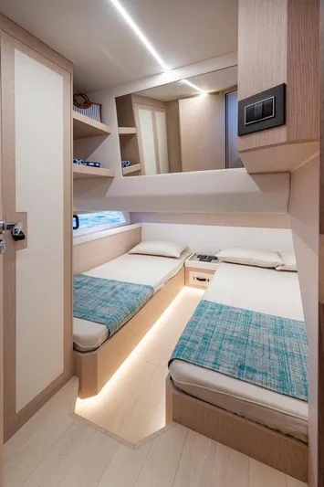  Yacht Photos Pics 2025 Apreamare Gozzo 45 cabin interior with twin beds and modern design.