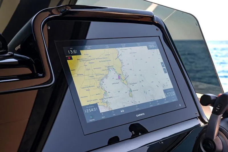  Yacht Photos Pics Navigation screen on 2025 Apreamare Gozzo 45 yacht, displaying a detailed marine map.