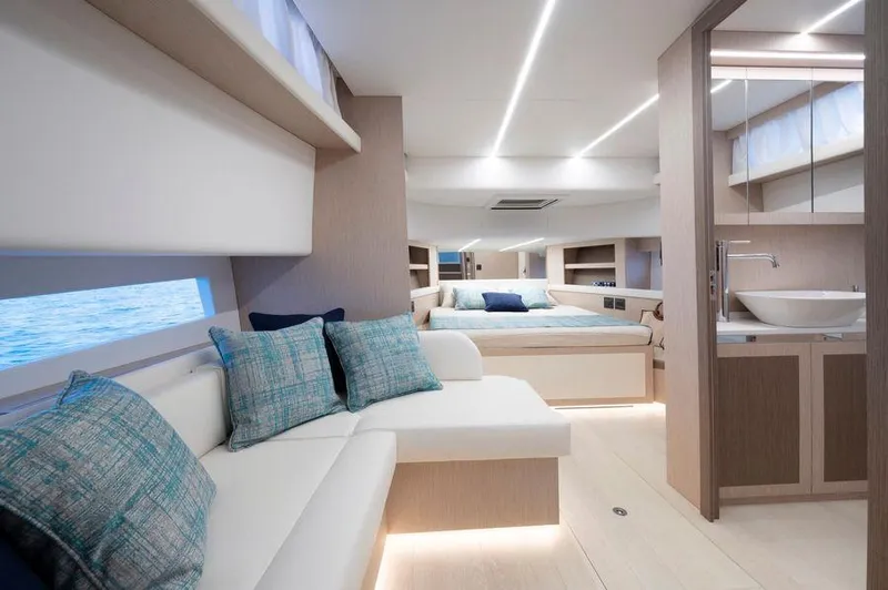  Yacht Photos Pics Luxurious interior of 2025 Apreamare Gozzo 45 yacht with modern furnishings and elegant design.