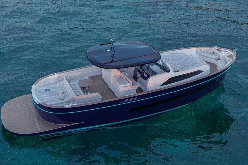  Yacht Photos Pics 2025 Apreamare Gozzo 45 yacht on serene blue water, showcasing sleek design and spacious deck.