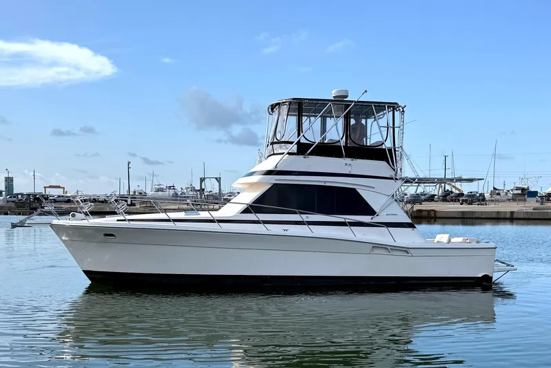  Yacht Photos Pics 1996 Riviera 39 Open Flybridge yacht docked in a marina under a clear blue sky.