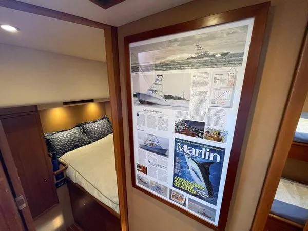 Reel Gratitude Yacht Photos Pics Framed magazine article in a 2014 Release Boatworks 46 Custom Express Carolina cabin.