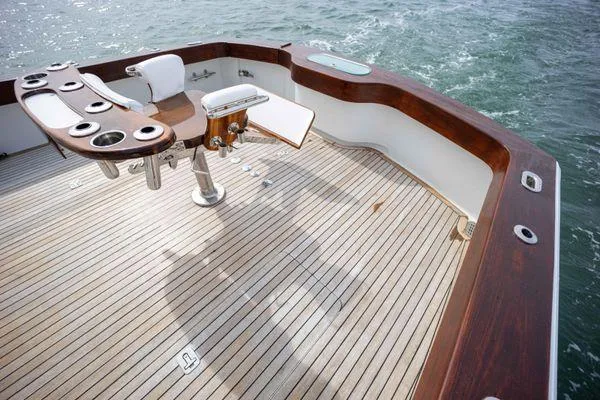 Reel Gratitude Yacht Photos Pics 2014 Release Boatworks 46 Custom Express Carolina, teak deck, fishing setup, ocean backdrop.