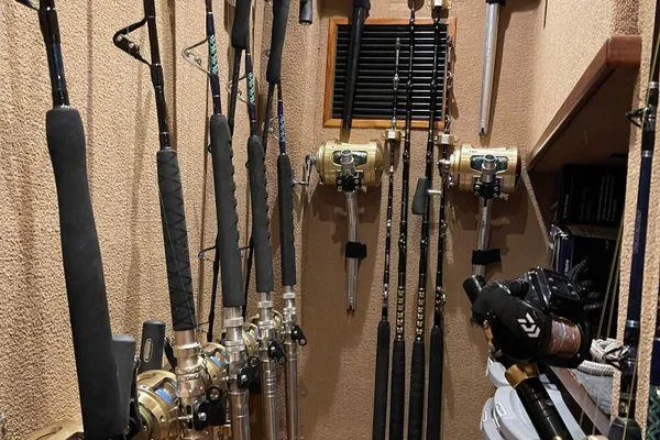 Reel Gratitude Yacht Photos Pics Fishing rods and reels stored in a 2014 Release Boatworks 46 Custom Express Carolina.