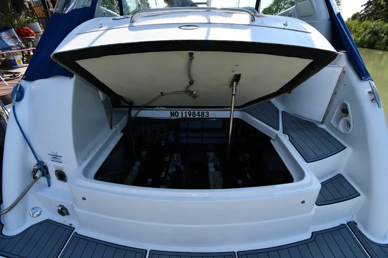  Yacht Photos Pics 2007 Formula 45 Yacht engine compartment open, showcasing interior mechanics and design.