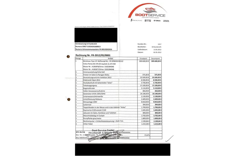  Yacht Photos Pics Invoice for Beneteau Gran Turismo 44, 2012 model, detailing various boat services and costs.