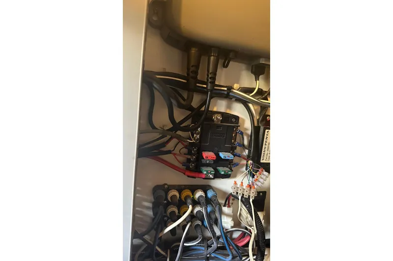  Yacht Photos Pics Electrical panel of 2012 Beneteau Gran Turismo 44 boat with wiring and fuses.