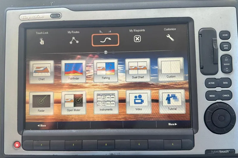  Yacht Photos Pics Raymarine E120W display on 2012 Beneteau Gran Turismo 44, showing navigation and fishing options.