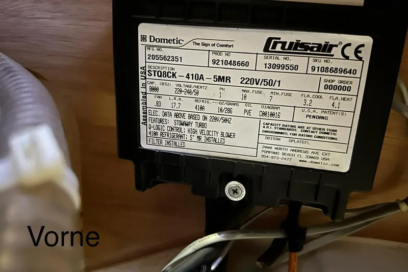  Yacht Photos Pics Label on Dometic Cruisair unit in 2012 Beneteau Gran Turismo 44 yacht.