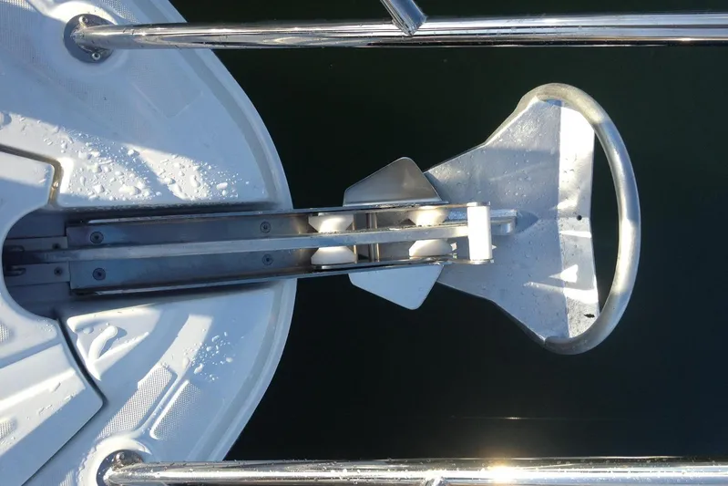  Yacht Photos Pics Bow anchor of 2012 Beneteau Gran Turismo 44 yacht, with stainless steel fittings.