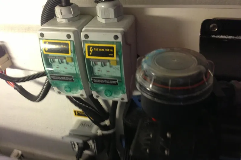  Yacht Photos Pics Electrical panel on a 2012 Beneteau Gran Turismo 44 yacht, showing voltage indicators.