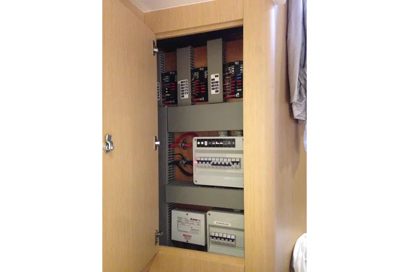  Yacht Photos Pics Electrical panel inside a 2012 Beneteau Gran Turismo 44 yacht cabinet.