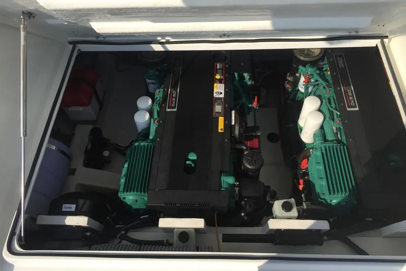  Yacht Photos Pics Engine compartment of 2012 Beneteau Gran Turismo 44, showcasing dual inboard engines.