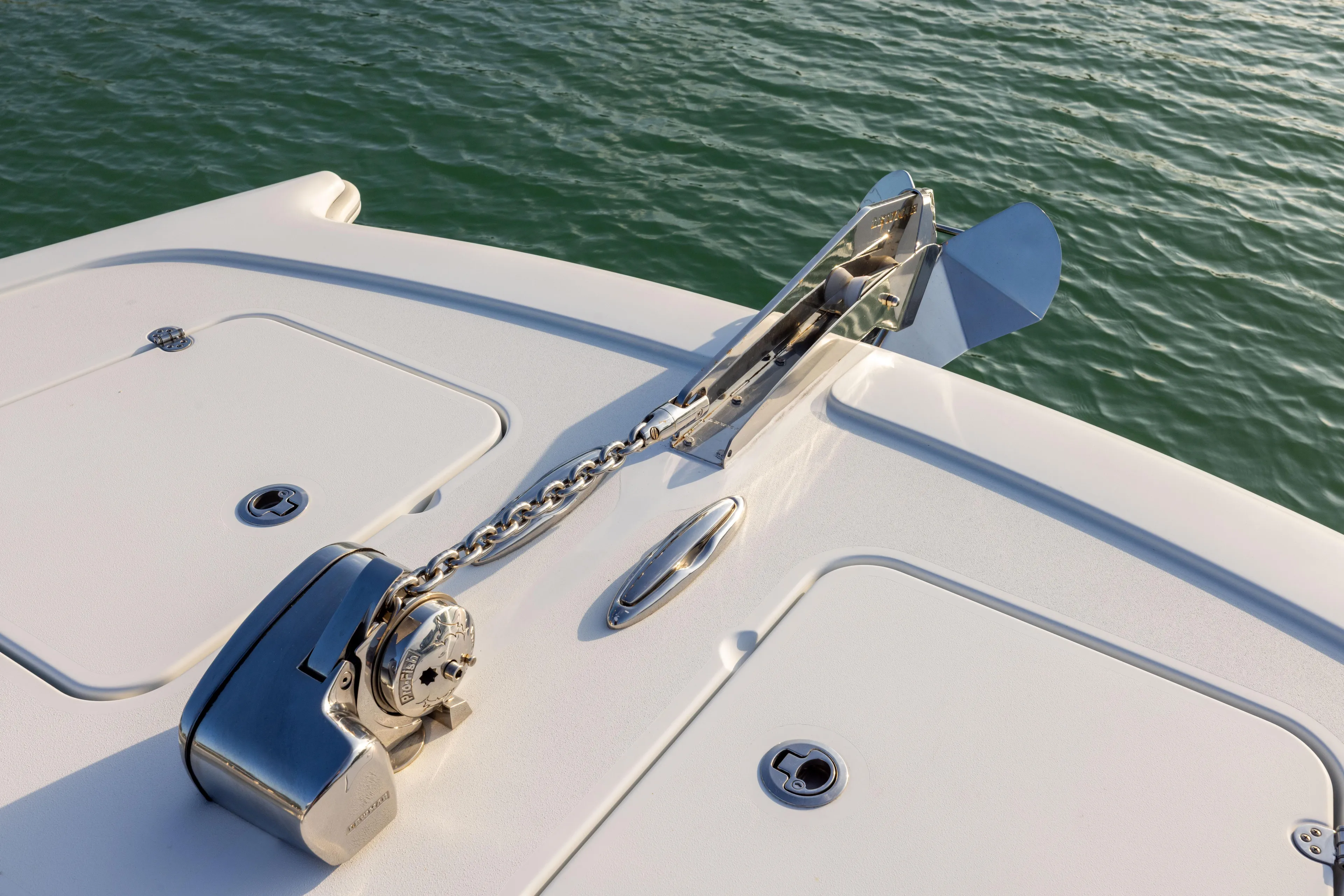  Yacht Photos Pics Freeman 42LR 2022 boat anchor system on calm water.