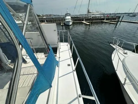 Brass Ring Yacht Photos Pics 2009 Marine Trader 36 Euro Sedan docked at marina, view of deck and surrounding boats.