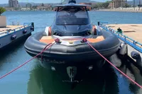 2023 SACS Strider 15 FB luxury boat docked in a sunny marina.