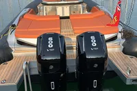 2023 SACS Strider 15 FB luxury yacht with twin 600 V12 engines, docked in a marina.