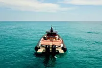 2023 SACS Strider 15 FB yacht on open sea, rear view.