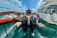 2023 SACS Strider 15 FB yacht with twin 600 V12 engines docked in marina.