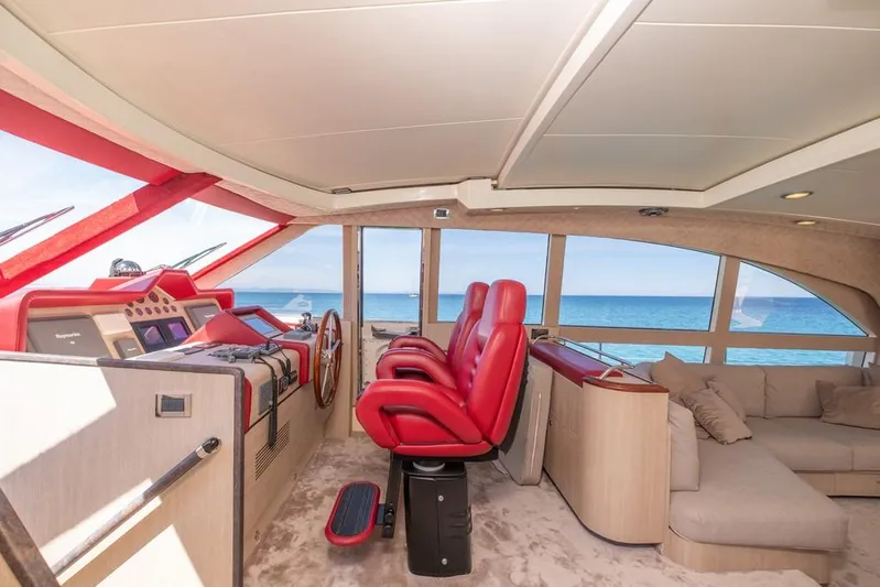 Vintage Yacht Photos Pics Luxurious 2006 Guy Couach 2100 yacht interior with red seats and ocean view.