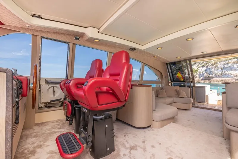 Vintage Yacht Photos Pics Luxurious interior of 2006 Guy Couach 2100 yacht with red seats and scenic ocean view.