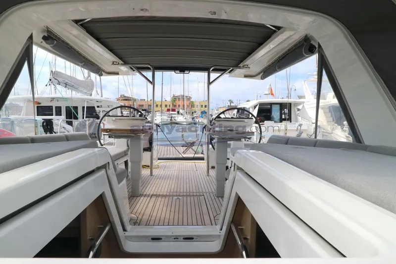  Yacht Photos Pics 2023 Beneteau Oceanis 54 yacht cockpit with dual steering wheels and spacious seating.