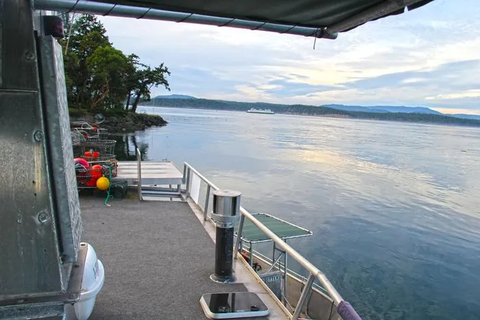 Lone Wolf Yacht Photos Pics Custom Carlson Marine Trawler, 2002, docked by scenic shoreline with calm waters and distant ferry.