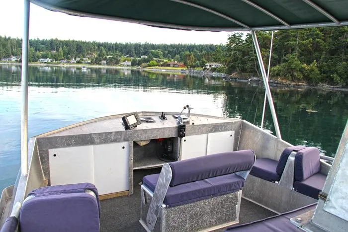 Lone Wolf Yacht Photos Pics 2002 Carlson Marine Trawler interior with seating, overlooking serene water and forested shoreline.