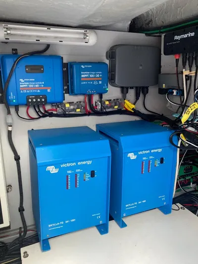 The Recipe Yacht Photos Pics Electrical system setup in a 2011 Lagoon 560 yacht, featuring Victron Energy components.