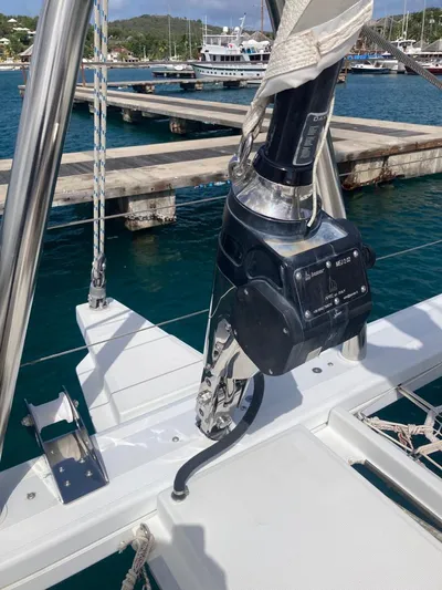 The Recipe Yacht Photos Pics Lagoon 560 sailboat deck detail, 2011 model, docked at marina with clear blue water.