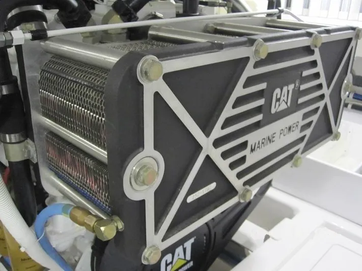 No Name Yacht Photos Pics Engine component of a 2008 Viking Convertible 60 with CAT Marine Power branding.