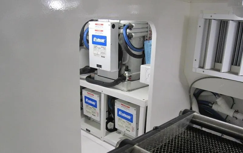 No Name Yacht Photos Pics Engine room of 2008 Viking Convertible 60 yacht with Cruisair systems visible.