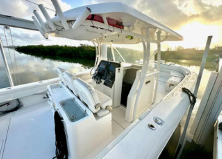  Yacht Photos Pics 2017 Stamas 390 Tarpon boat interior at sunrise, docked on calm water.