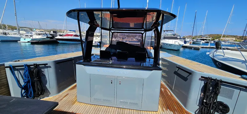  Yacht Photos Pics 2019 Sunreef 40 Power yacht docked at marina with clear blue sky.
