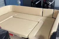 Luxury seating area on 2022 Zar Formenti 85 SL boat with beige cushions.