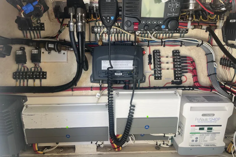 Bluefin Yacht Photos Pics Electrical system setup on a 2017 SeaVee 370Z boat, featuring wiring and marine electronics.