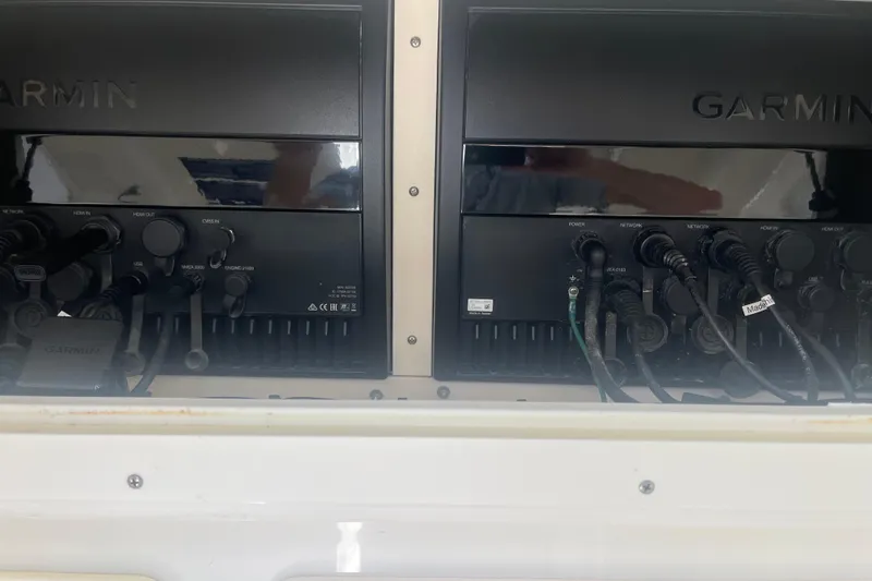 Bluefin Yacht Photos Pics Garmin marine electronics on a 2017 SeaVee 370Z boat, showcasing various connections.