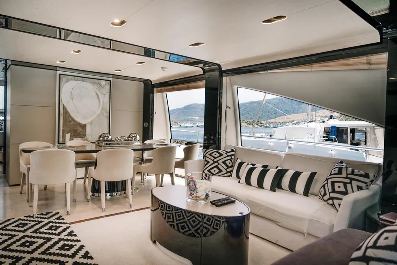  Yacht Photos Pics Luxurious interior of 2014 Azimut 80 yacht with elegant seating and dining area.