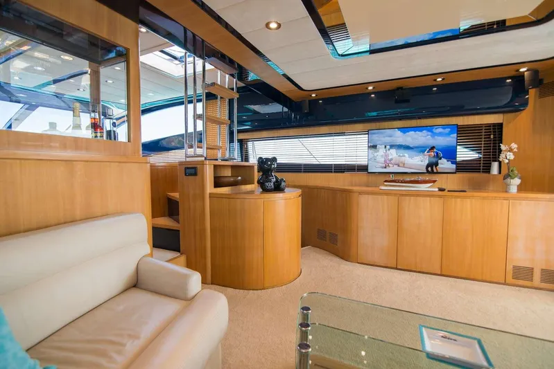  Yacht Photos Pics Luxurious interior of 2000 Riva 70 Dolcevita yacht with modern furnishings and entertainment system.