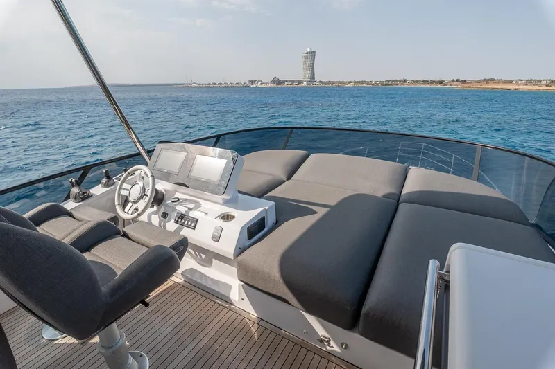 II Zoes Yacht Photos Pics Luxurious 2023 Azimut Fly 53 yacht interior with modern helm and plush seating.
