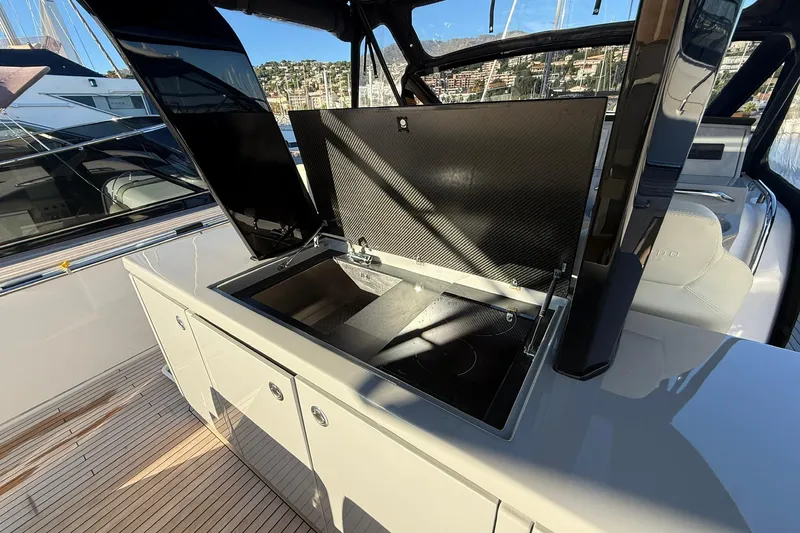 Seoi Yacht Photos Pics 2024 Pardo Yachts P43 outdoor kitchen with sink and stove on deck.