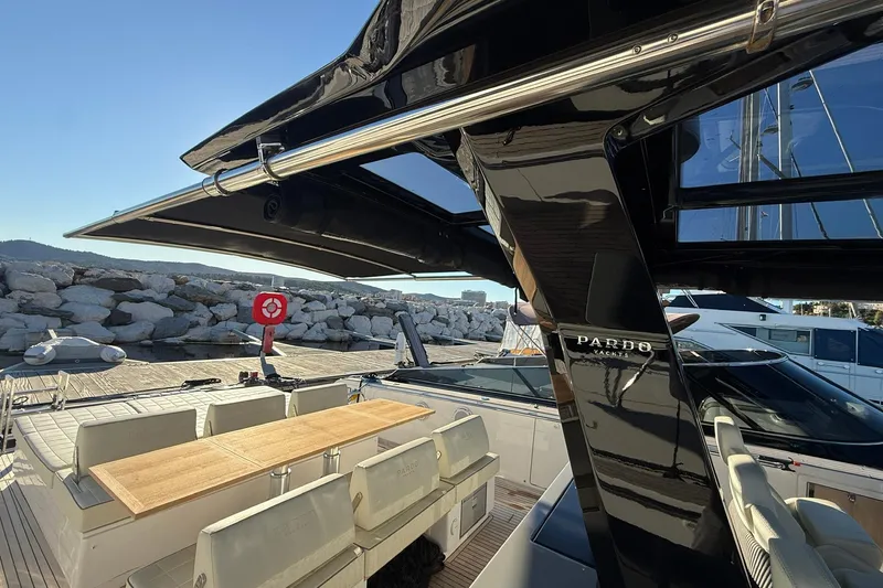 Seoi Yacht Photos Pics 2024 Pardo Yachts P43 luxury yacht with sleek design and spacious deck seating.