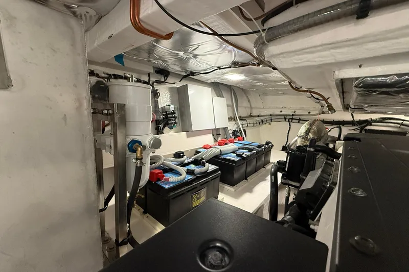 Seoi Yacht Photos Pics Engine room of 2024 Pardo Yachts P43, showcasing batteries and mechanical systems.