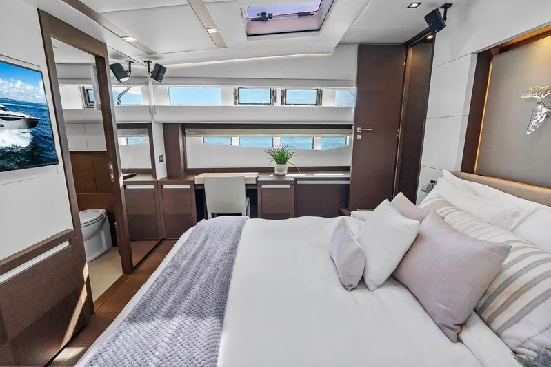 Elevation Yacht Photos Pics Luxurious 2016 Prestige 750 yacht bedroom with modern decor and ocean view.