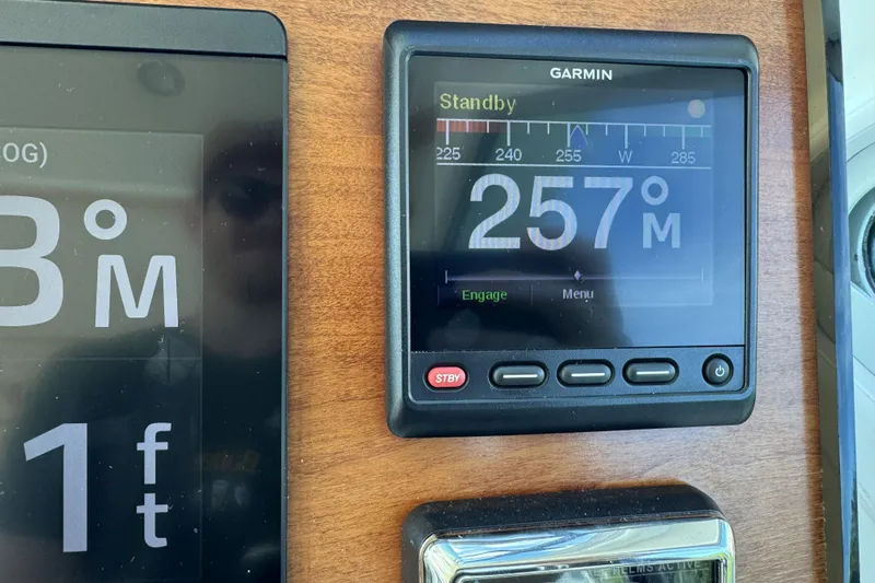 Swell Yacht Photos Pics Garmin navigation display on 2020 Back Cove 34O boat dashboard, showing 257&deg; heading.