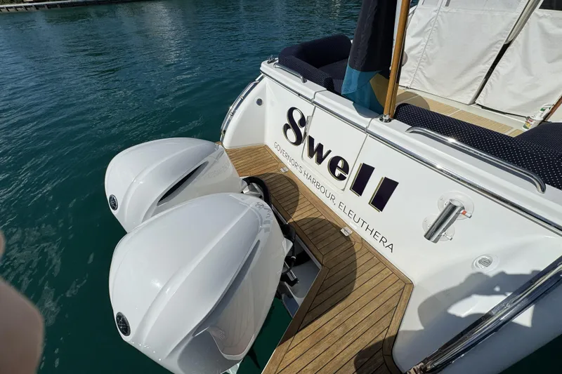 Swell Yacht Photos Pics 2020 Back Cove 34O boat with twin engines, docked at Governor's Harbour, Eleuthera.