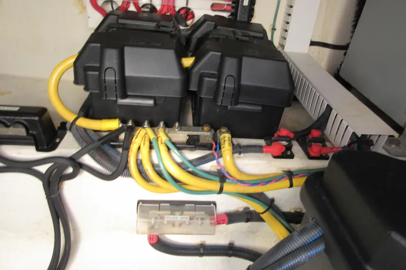 Swell Yacht Photos Pics Electrical system of a 2020 Back Cove 34O boat with battery connections.